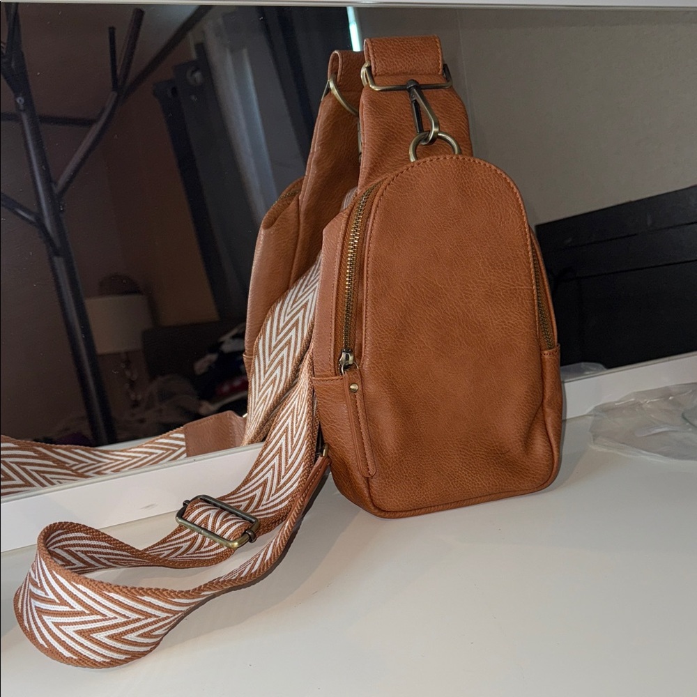 Anthropologie Tan Backpack With Patterned Strap - image 1